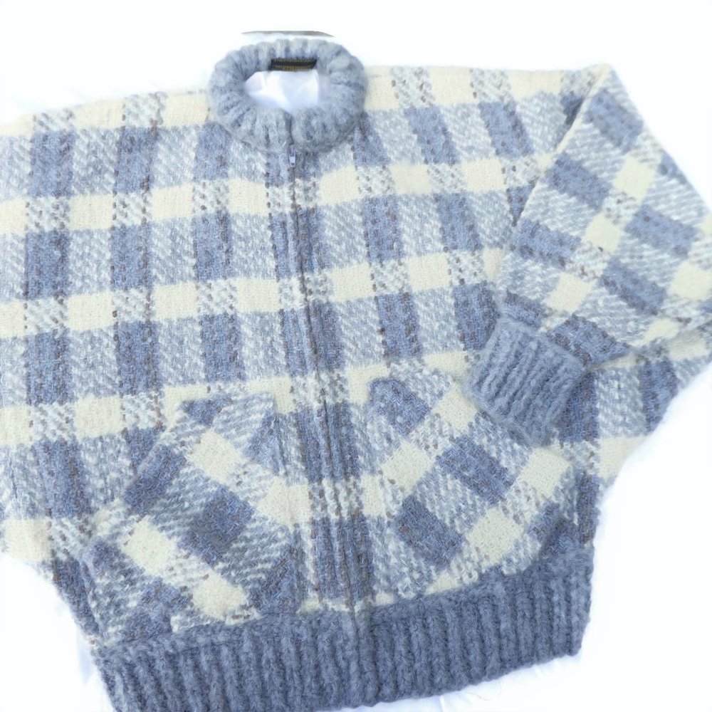Vintage Sweater Jacket Wool Gray Cream Plaid Full Zip Crew Neck Pockets Bomber - Picture 5 of 9